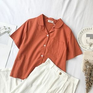 Yesstyle Tangerine Orange Button Up Crop Shirt